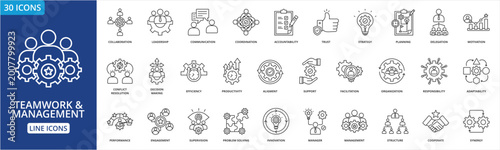 Team Work And Management icon collection set. Containing collaboration, leadership, communication, coordination, accountability, trust, strategy icon. simple line vector.