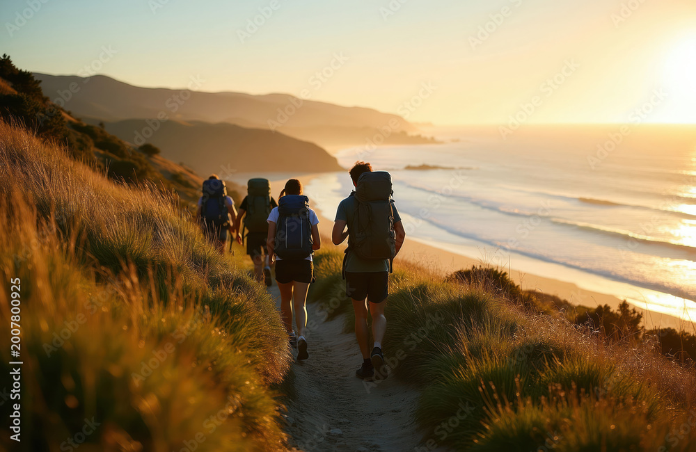 Fototapeta premium Group of friends hike a coastal path during golden hour. People with backpacks walk near sea and mountains at sunset. Enjoying outdoor adventure and nature scenery.
