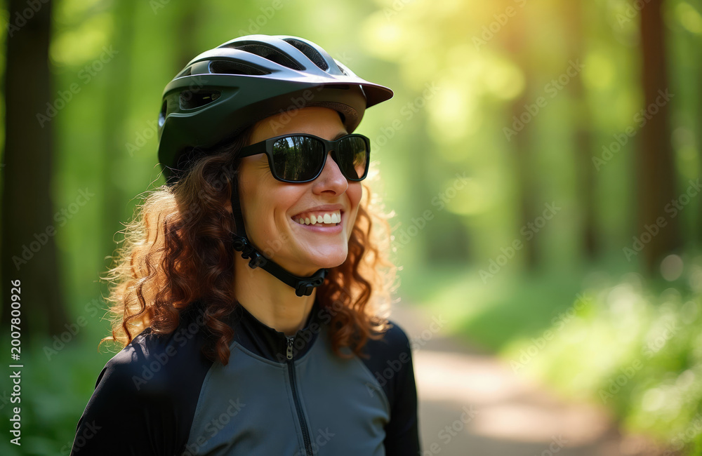Fototapeta premium Woman in helmet and sunglasses smiles after mountain biking on forest path. She enjoys outdoor activity, healthy lifestyle and recreation in nature.