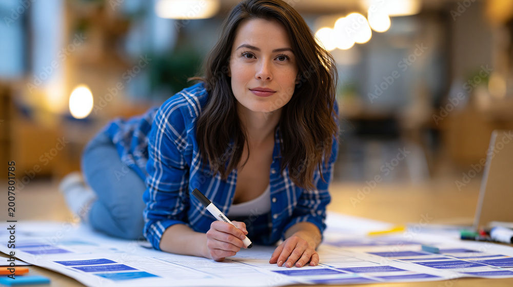 Fototapeta premium Single professional mapping a competitive landscape on a large paper sheet spread across the floor, kneeling with a marker, surrounded by printed competitor teardowns, warm afternoon light, ideal fo