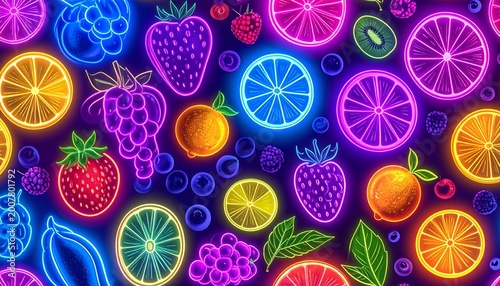Vibrant Neon Glowing Fruit Pattern A Dynamic, Seamless Digital Illustration Featuring a Colorful Array of Fresh Fruits with Electric Outlines