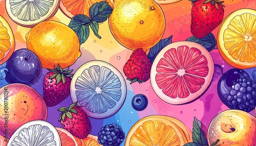 A vibrant and dynamic seamless pattern showcasing a colorful medley of fresh citrus fruits and berries, perfect for a cheerful background