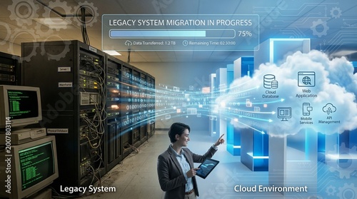 Professional IT expert managing legacy system migration to modern cloud environment with data transfer progress bar and digital services.