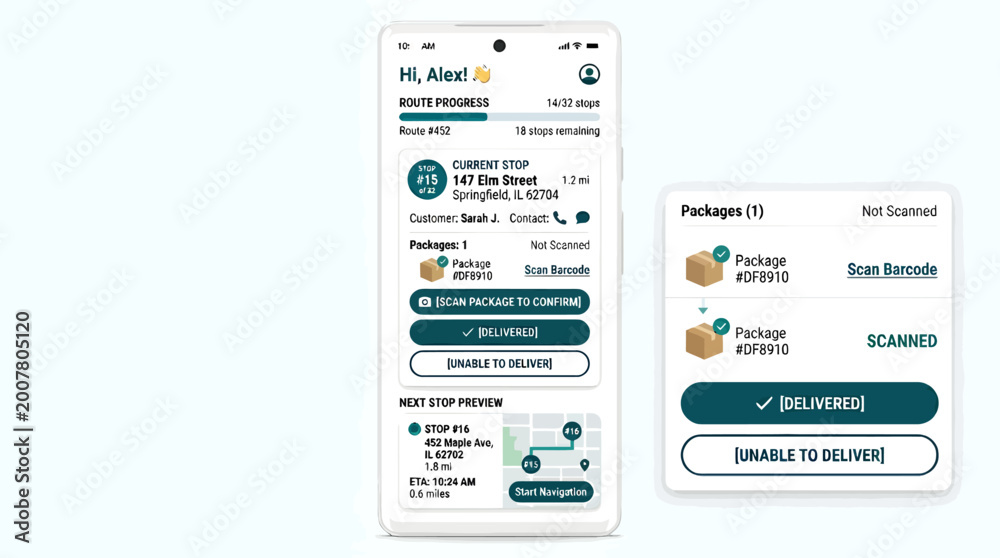 Obraz premium Delivery driver mobile application interface showing route progress, current stop details, package scanning status, and next stop preview on a smartphone screen