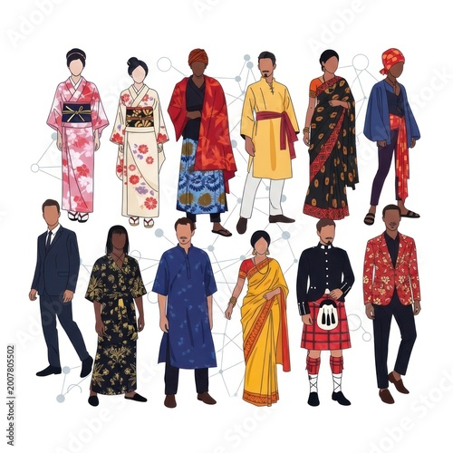 Diverse group of people in traditional attire isolated on white background
