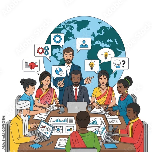 Diverse international business team collaborating around a table with laptop computers