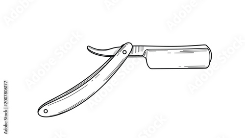 Vintage style straight razor with a folding wooden handle shown open in a detailed black and white sketch for grooming.