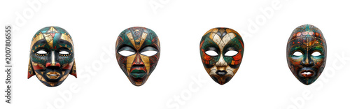 Four decorative and colorful face masks with tribal-like paint and isolated on transparent background