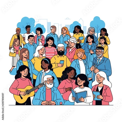 Diverse group of people together in a line art style illustration