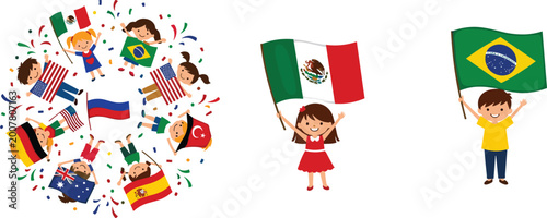 Diverse children holding world flags in a circle with confetti for international friendship day global unity celebration education and multicultural community support vector illustrations.