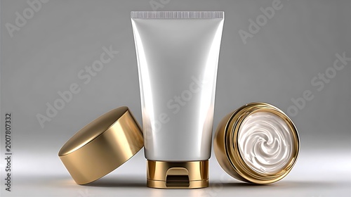 Open jar of white cream with gold lid and white tube with gold cap cream jar cosmetic