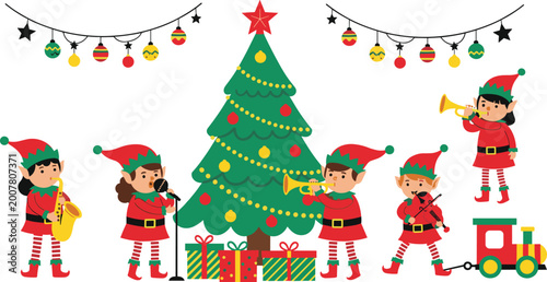 Photos Christmas elf band musical celebration with cute helpers playing instruments around decorated tree and gifts for holiday greeting cards festive party invitations and winter season decorations