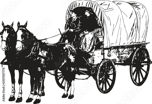 Cuadro en lienzo Horse drawn carriage vintage travel illustration with horse and coachman on trad