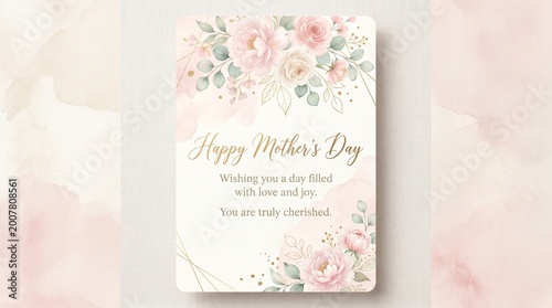 Happy mothers day greeting card with soft pink flowers
