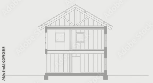 Canvastavla Architectural cross-section drawing of a two-story residential building with a pitched roof and visible structural elements