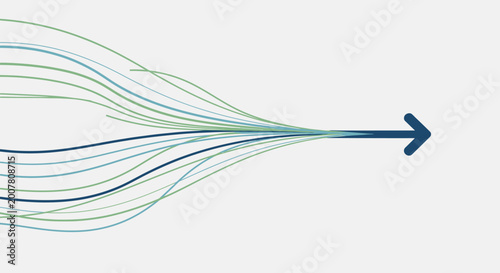 Cuadro en lienzo Abstract illustration of multiple wavy lines in blue and green converging into a single blue arrow pointing right, symbolizing unity and direction