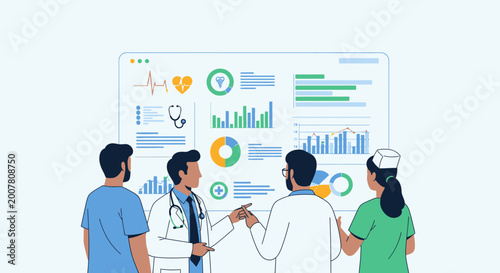 Photos Medical professionals analyzing healthcare data on a large screen with charts and graphs for improved patient care and operational efficiency