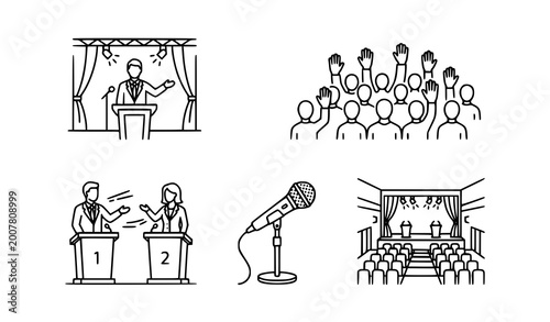 Photos Modern outline icon set of political speech and public debate communication vect