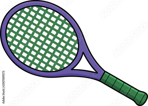 Fotografía Cartoon vector tennis racket illustration with purple frame and green string pattern isolated on white background for sports game design