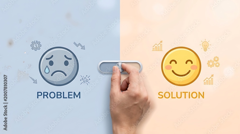 Fototapeta premium A hand sliding a switch from a sad problem face to a happy solution face with business icons representing a positive change and emotional transformation concept