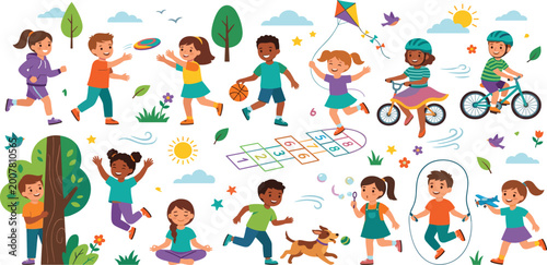 Happy diverse children playing outdoor sports and games with pet dog and active hobbies vector illustration set