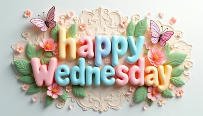 Three dimensional puffy letters spell out Happy Wednesday with pastel colors. Pink butterflies flutter near pastel flowers and green leaves. Decorative border frame adds elegance to the composition.