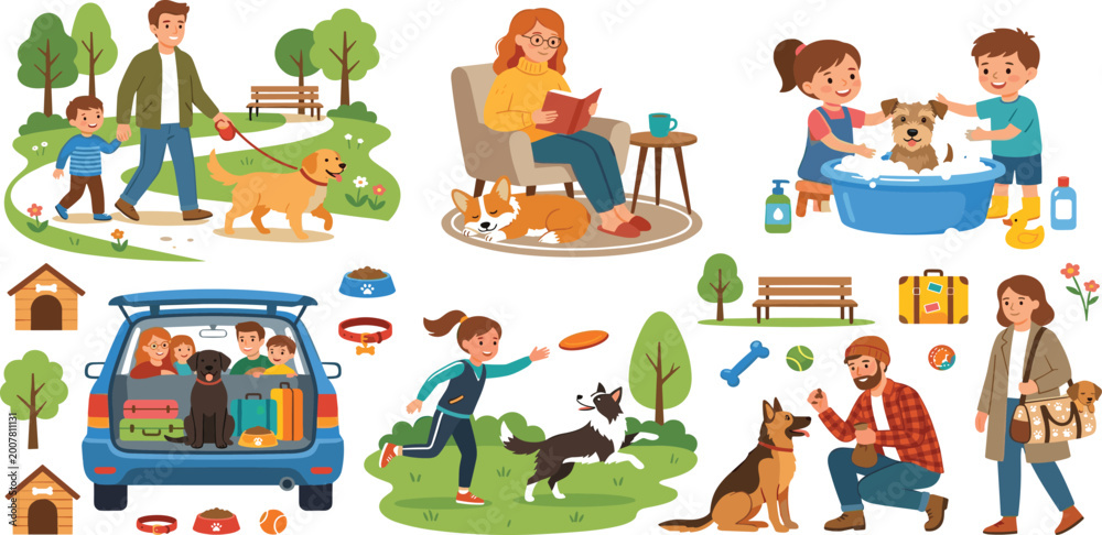 Fototapeta premium Vector collection of happy people and children caring for pet dogs with travel bathing and training lifestyle scenes