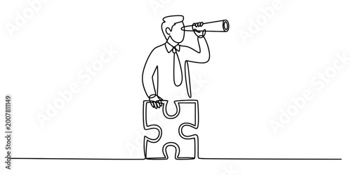 Businessman looking through telescope with a puzzle piece in one line