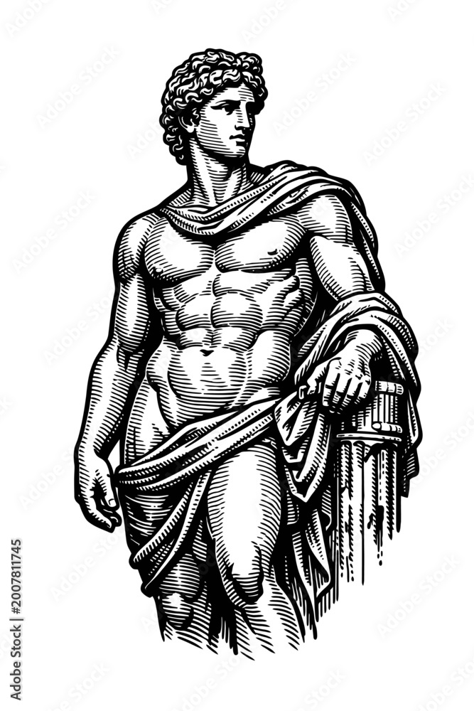 Obraz premium Illustration of a muscular man in a classic Greek statue pose with a draped cloth
