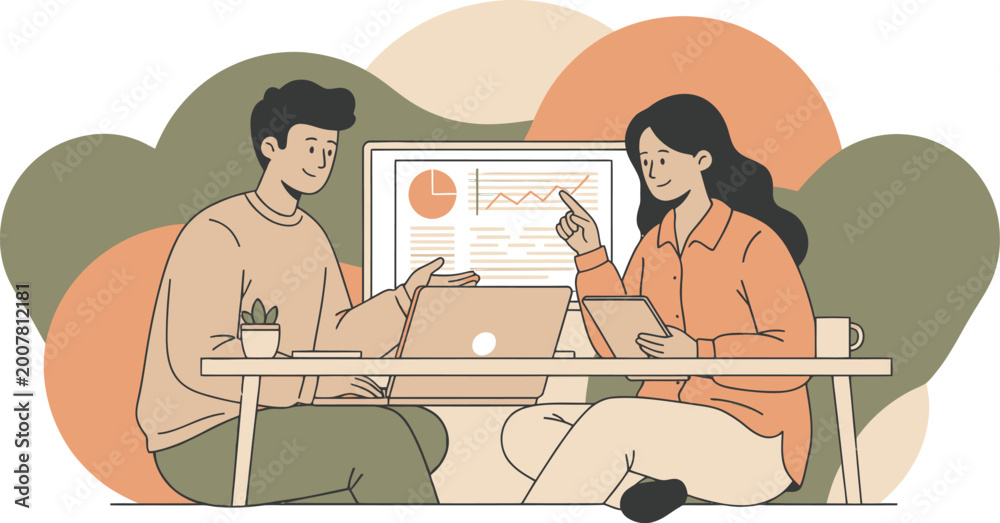 Fototapeta premium Flat vector illustration of business colleagues analyzing financial data, young professionals working on laptop and tablet, corporate teamwork concept