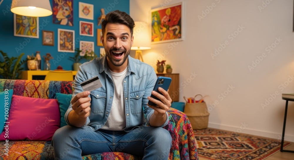 Obraz premium A happy man sits on a colorful sofa, looking excited while holding a credit card and smartphone for online shopping in a vibrant home.