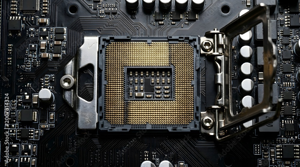 Fototapeta premium Closeup of an open cpu socket on a computer motherboard