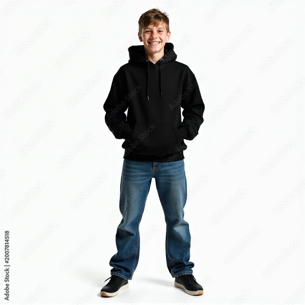 Naklejka premium Smiling boy stands with hands in pockets. Teenage male wears black hoodie and blue jeans. Youthful person poses for photo on white studio background.