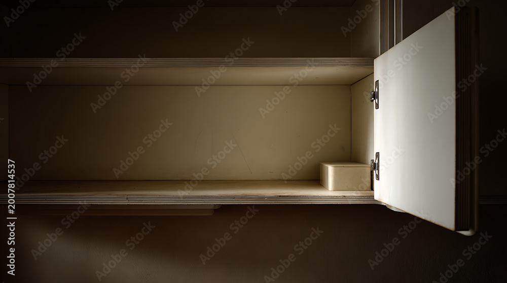 Fototapeta premium Open Empty Cabinet Door Reveals Dark Interior Shelf with Subtle Light Leak Emphasizing Bareness and Abstract Space Concept