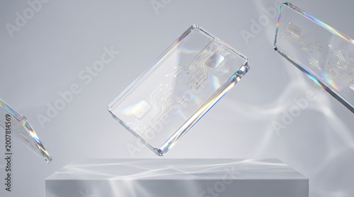 Premium Fintech Concept with Floating Glass Bank Cards and Product Podium. Abstract financial composition featuring floating transparent glass credit cards with gold internal circuits.