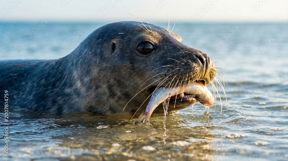 Obraz premium Seal emerging from water with fish in mouth, intense mood, dramatic low-angle shot. A close‑up of a seal’s face emerging from shallow water, a fish clamped in its mouth, water droplets sparkling