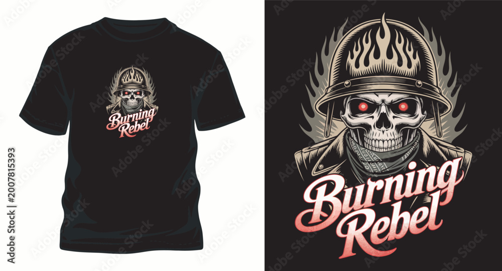 Fototapeta premium Burning rebel t shirt design skeleton with helmet and flames.