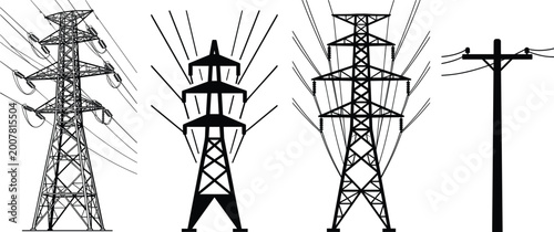 Принти на полотні Electrical transmission tower and utility pole silhouette illustrations showing