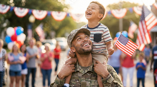 Father and son celebrating Flag Day, joyful moment with American flags in festive background