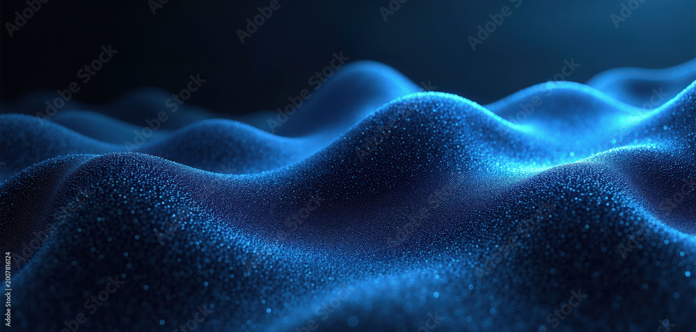 Obraz premium Abstract digital surface made of blue dots forms waves. Particles create dynamic texture and depth. Dark background highlights glowing light effects and futuristic motion.