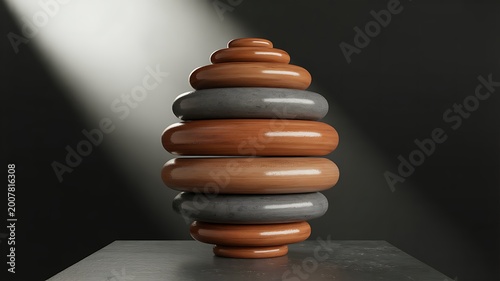 Stack of polished glossy stones in alternating brown and grey colors on a dark background