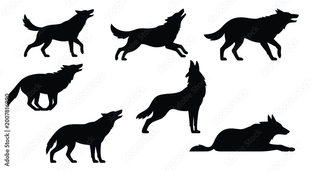 Fototapeta premium Group of Wolf Silhouettes Howling and RestingTitle:Collection of black wolf silhouettes in various poses including howling and restingKeywords:wolf, wolves, silhouette, howling