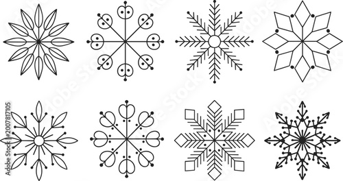 Set of Eight Black and White Snowflakes winter crystal