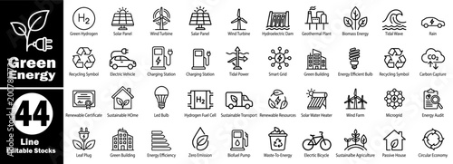 Bild auf Leinwand Green energy and renewable resources line icons, editable stroke, clean energy concepts, and environmental sustainability