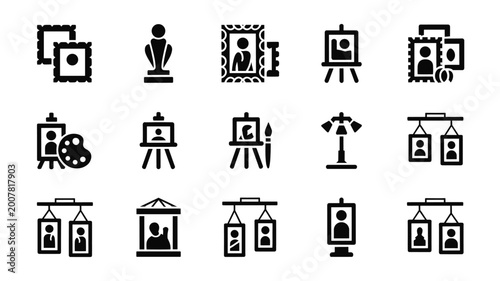 Set of 15 Black Art Gallery and Museum Icons Vector