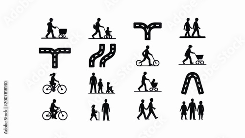 Set of 16 Black People and Road Vector Icons