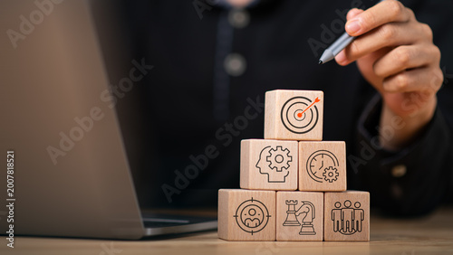 Obraz na plátně Business strategy planning concept focused on goal setting, performance improvement, productivity growth, and strategic management to achieve measurable success and long term competitive advantage
