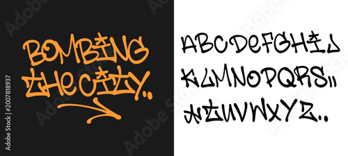 Fényképezés Authentic bombing style graffiti alphabet set rendered with expressive lettering on a brown and white canvas