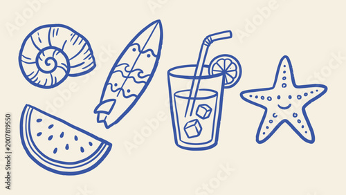 Blue hand-drawn summer icons including a surfboard, starfish, seashell, cocktail, and watermelon. Ideal for beach party invitations and tropical vacation designs