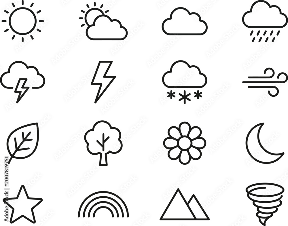 Obraz premium Weather and nature thin line icons set featuring clouds sun lightning stars and mountains.